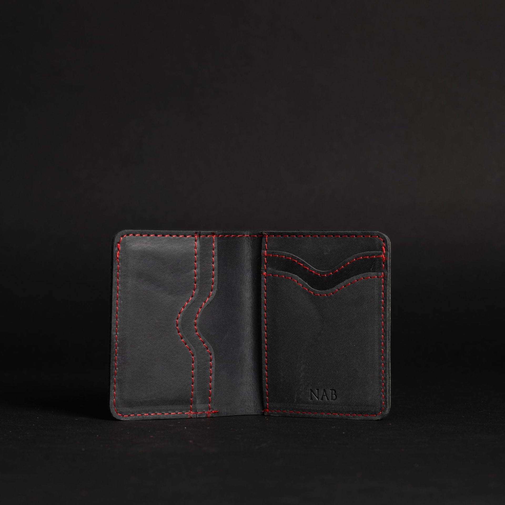 The Diablo Card Holder - Black Full Grain Leather Card Holder With Red Stitching NAB Leather