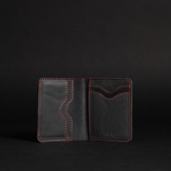 The Diablo Card Holder - Black Full Grain Leather Card Holder With Red Stitching NAB Leather