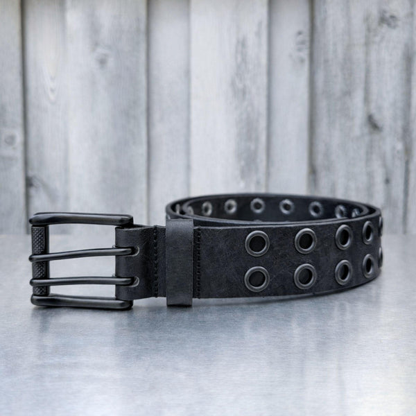 The Brixton Belt - Vintage Black Double Grommet 100 % Full Grain Leather Belt