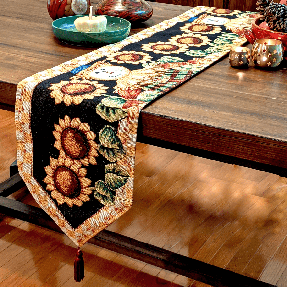 Tache Sunflower Field Scarecrow Autumn Harvest Woven Tapestry Table Runners (11712TR)
