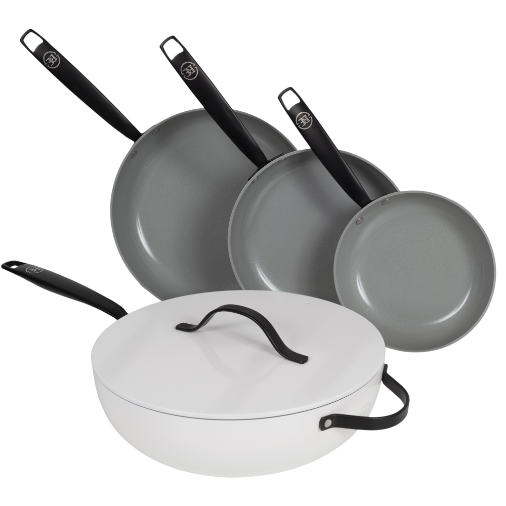 BE | LIVING Essential Series 4-piece Pan Set - Frying pans Ø 20 cm, Ø 24 cm & Ø 28 cm - Wok Ø 30 cm