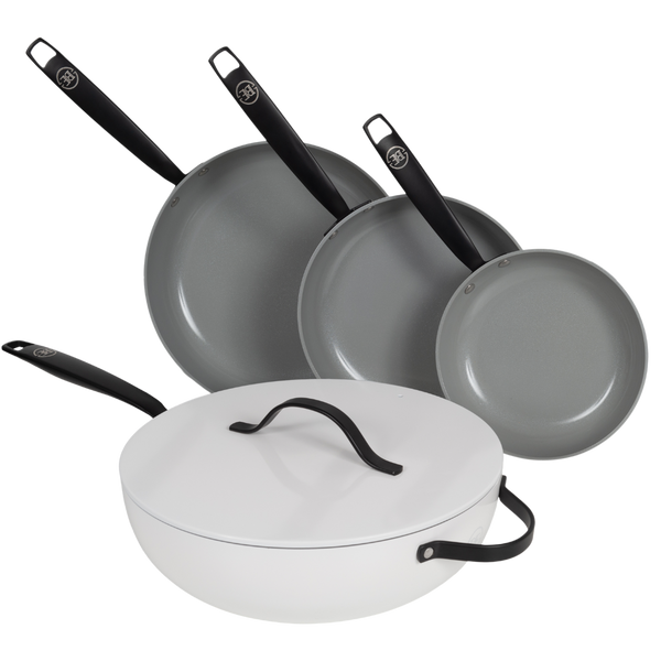 BE | LIVING Essential Series 4-piece Pan Set - Frying pans Ø 20 cm, Ø 24 cm & Ø 28 cm - Wok Ø 30 cm