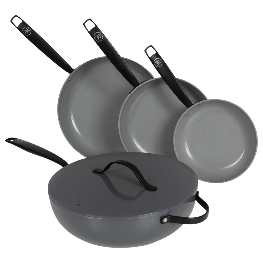 BE | LIVING Essential Series 4-piece Pan Set - Frying pans Ø 20 cm, Ø 24 cm & Ø 28 cm - Wok Ø 30 cm