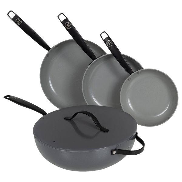 BE | LIVING Essential Series 4-piece Pan Set - Frying pans Ø 20 cm, Ø 24 cm & Ø 28 cm - Wok Ø 30 cm