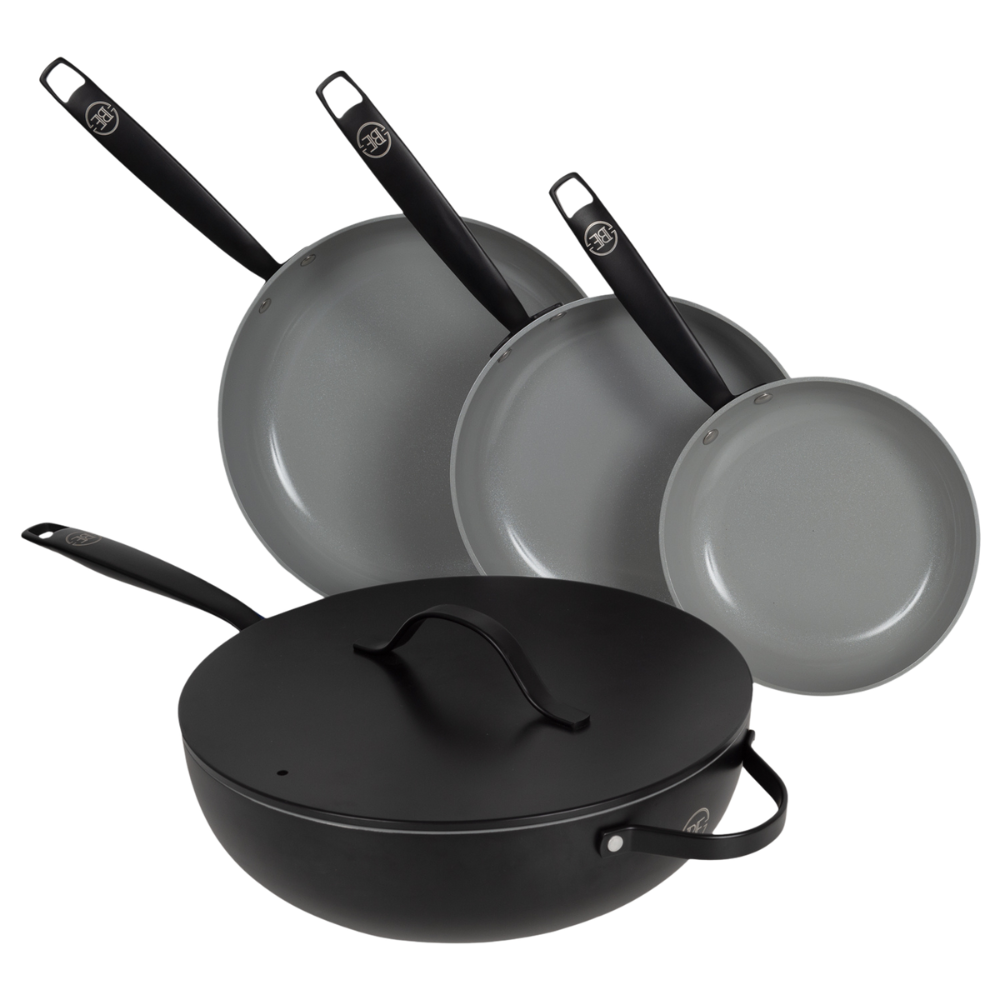 BE | LIVING Essential Series 4-piece Pan Set - Frying pans Ø 20 cm, Ø 24 cm & Ø 28 cm - Wok Ø 30 cm