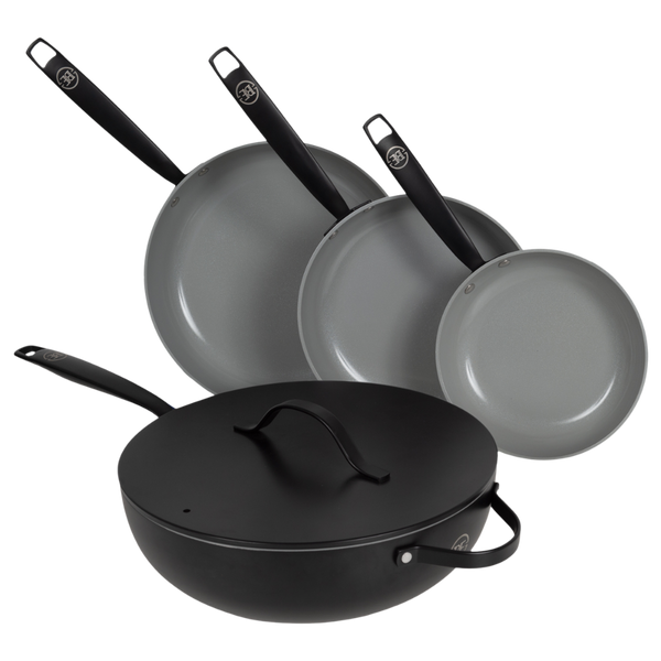 BE | LIVING Essential Series 4-piece Pan Set - Frying pans Ø 20 cm, Ø 24 cm & Ø 28 cm - Wok Ø 30 cm
