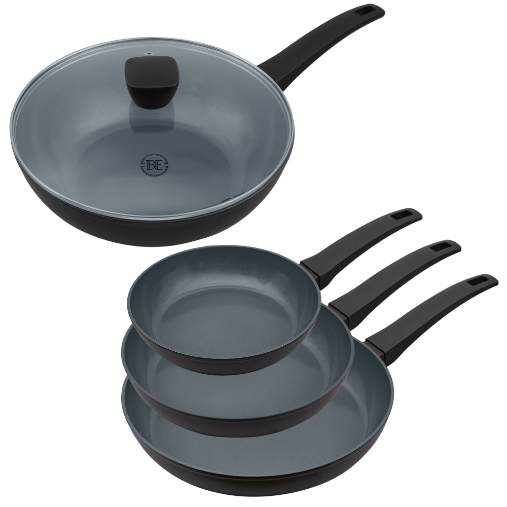 BE | LIVING Delight Series Frying Pan Set Ø 20 cm, 24 cm & 28 cm + Ø 28 cm Wok with Lid - Black