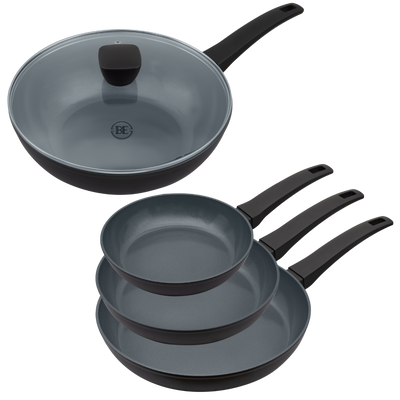 BE | LIVING Delight Series Frying Pan Set Ø 20 cm, 24 cm & 28 cm + Ø 28 cm Wok with Lid - Black