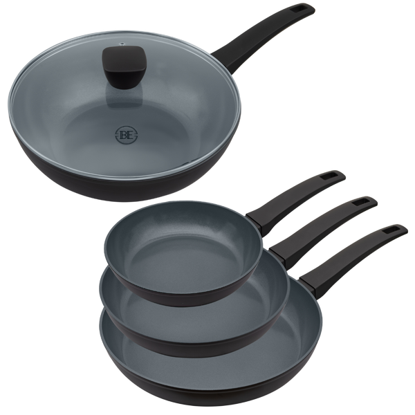 BE | LIVING Delight Series Frying Pan Set Ø 20 cm, 24 cm & 28 cm + Ø 28 cm Wok with Lid - Black