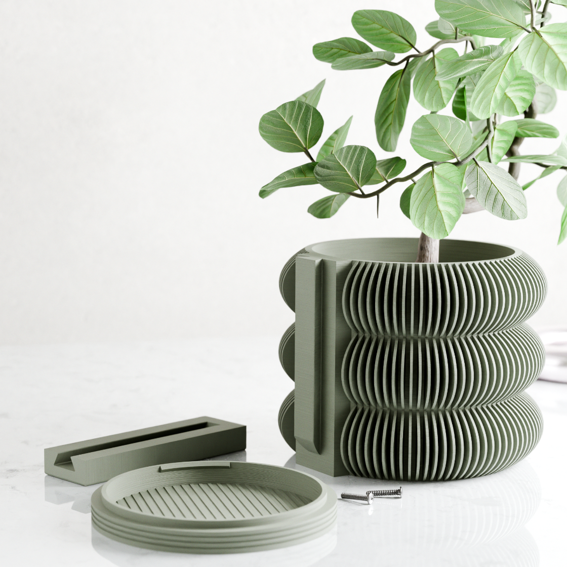 Green ribbed plant pot with a plant on a white background