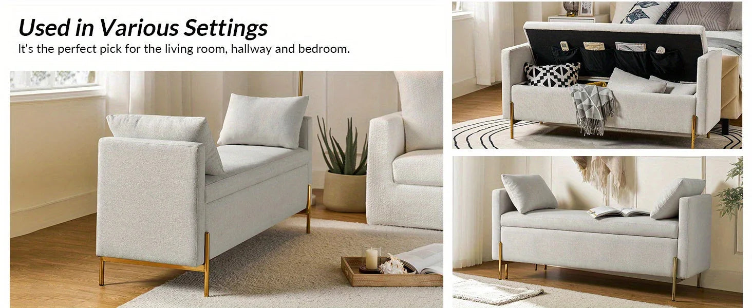 Upholstered Fabric Storage Ottoman Bench with Pillows
