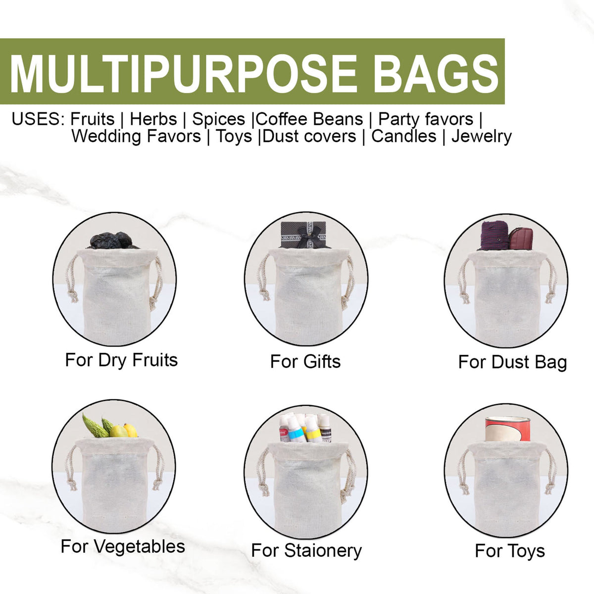 12x20 Inches Reusable Eco-Friendly Cotton Double Drawstring Bags Natural Color