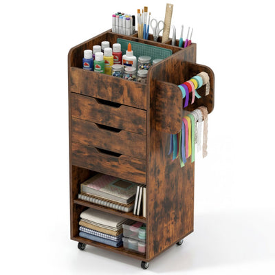 Utility Trolley with Open Shelves and 3 Drawers-Rustic Brown