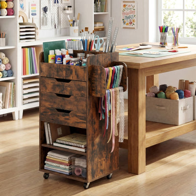 Utility Trolley with Open Shelves and 3 Drawers-Rustic Brown