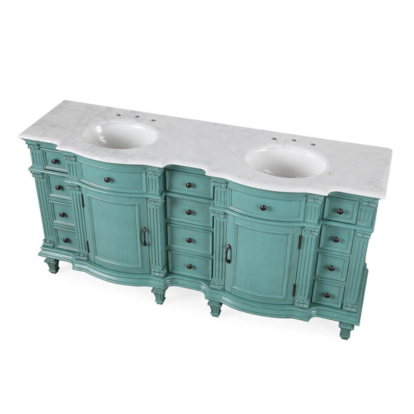 72 in. W x 22 in. D x 36 in. H Freestanding Bath Vanity in Retro Green with Carrara White Marble Top - Gifts for You 'n Me