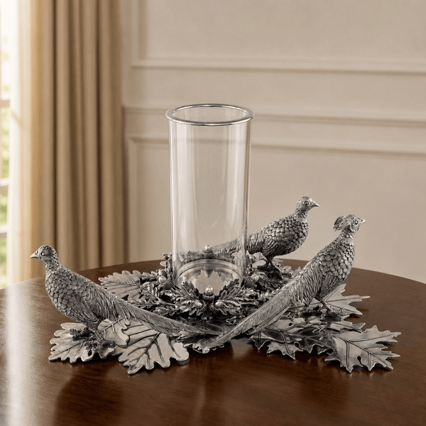 Pewter Pheasants Pillar Hurricane Centerpiece