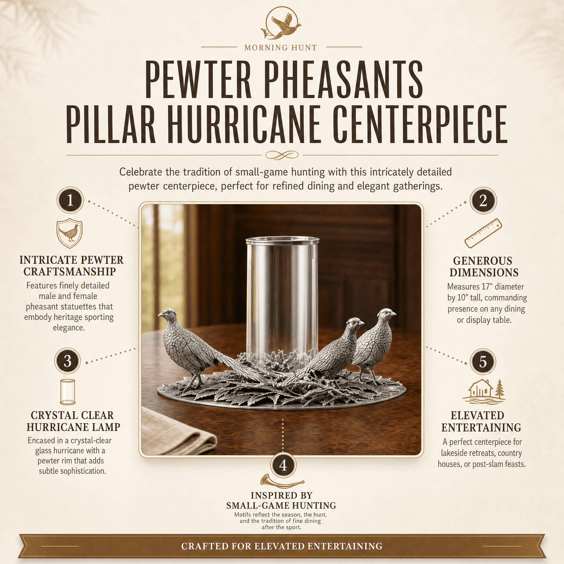 Pewter Pheasants Pillar Hurricane Centerpiece