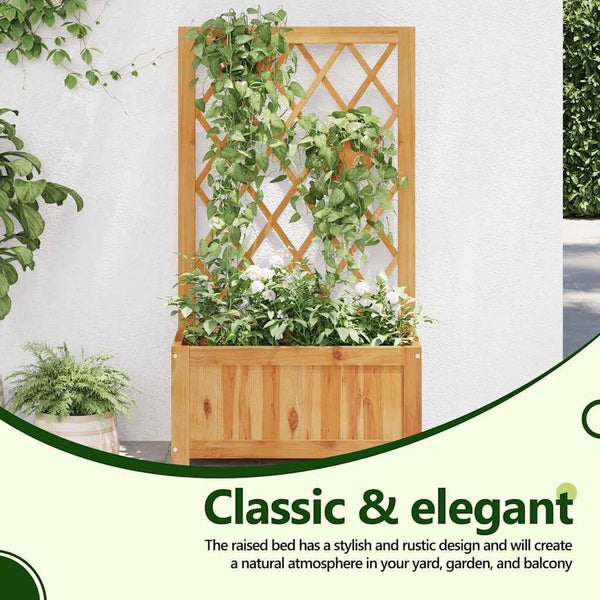 Solid Wood Outdoor Raised Garden Bed Planter with Lattice Trellis