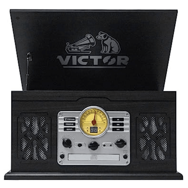 Victor State 7-in-1 Wood Music Center with 3-Speed Turntable and Dual Bluetooth