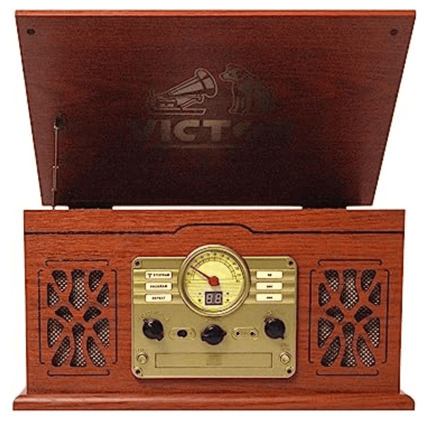 Victor State 7-in-1 Wood Music Center with 3-Speed Turntable and Dual Bluetooth