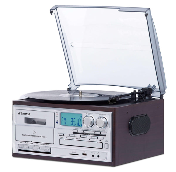 Victor Cosmopolitan 8-in-1 Turntable Music Center with Bluetooth, USB & Cassette