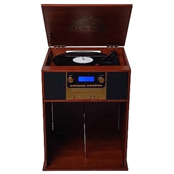 Victor Boyleston 7-in-1 3-Speed Turntable Music Center w Album Storage and USB Port