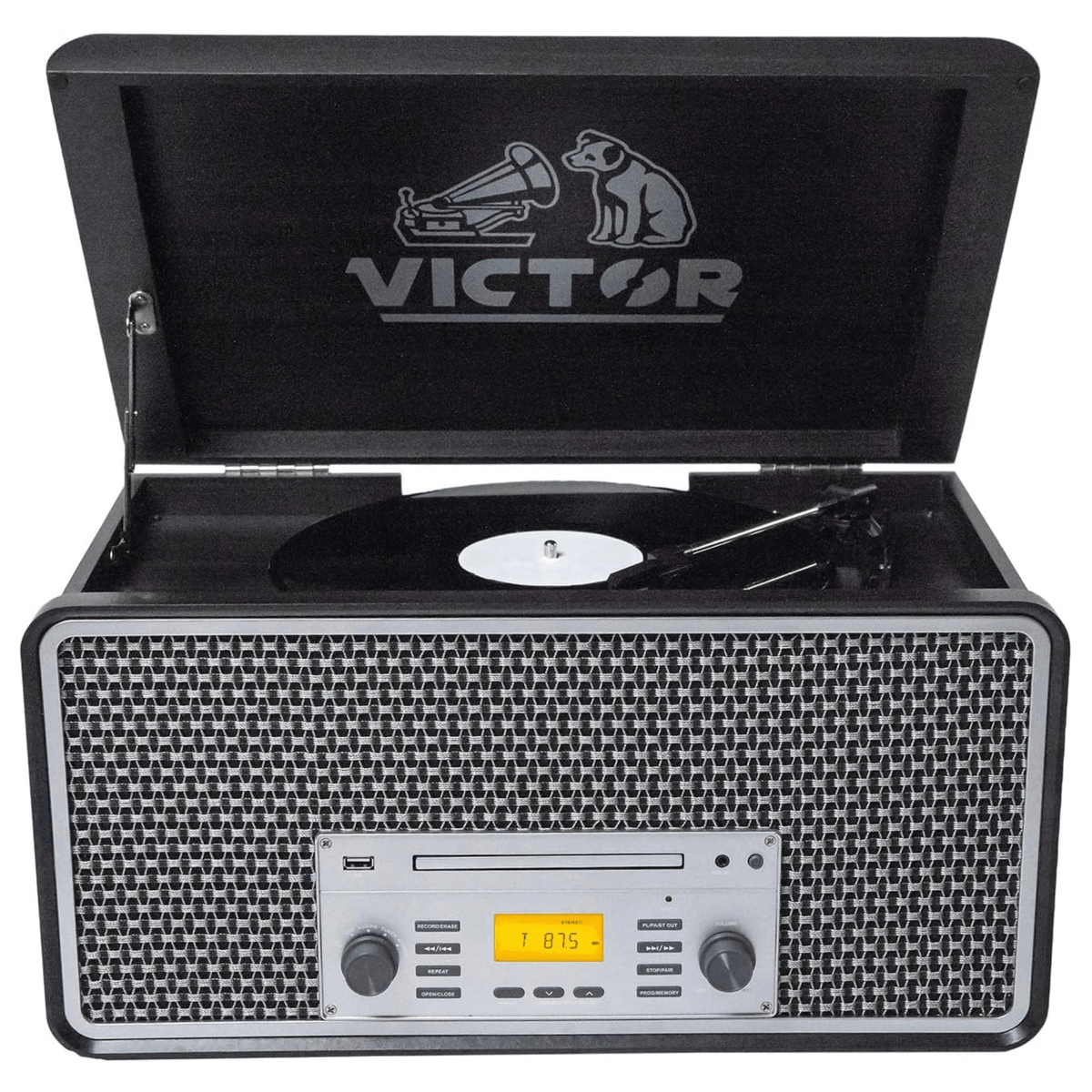 Victor Monument 8-in-1 Wood Music Center with 3-Speed Turntable & Dual Bluetooth