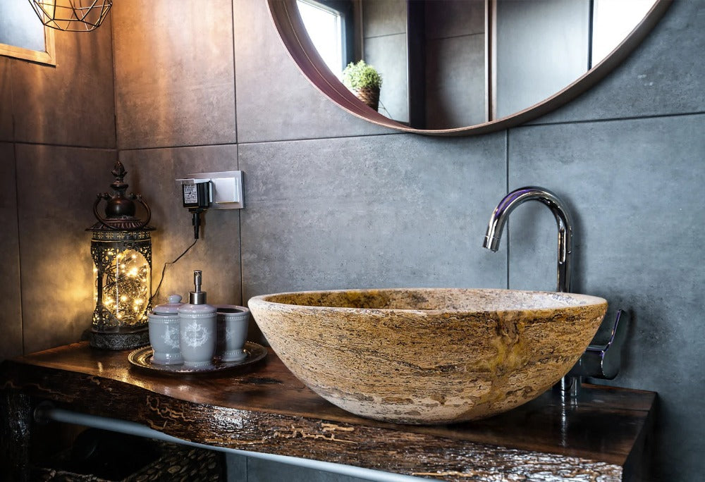 Valencia Travertine Natural Stone Oval Vessel Sink (W)16