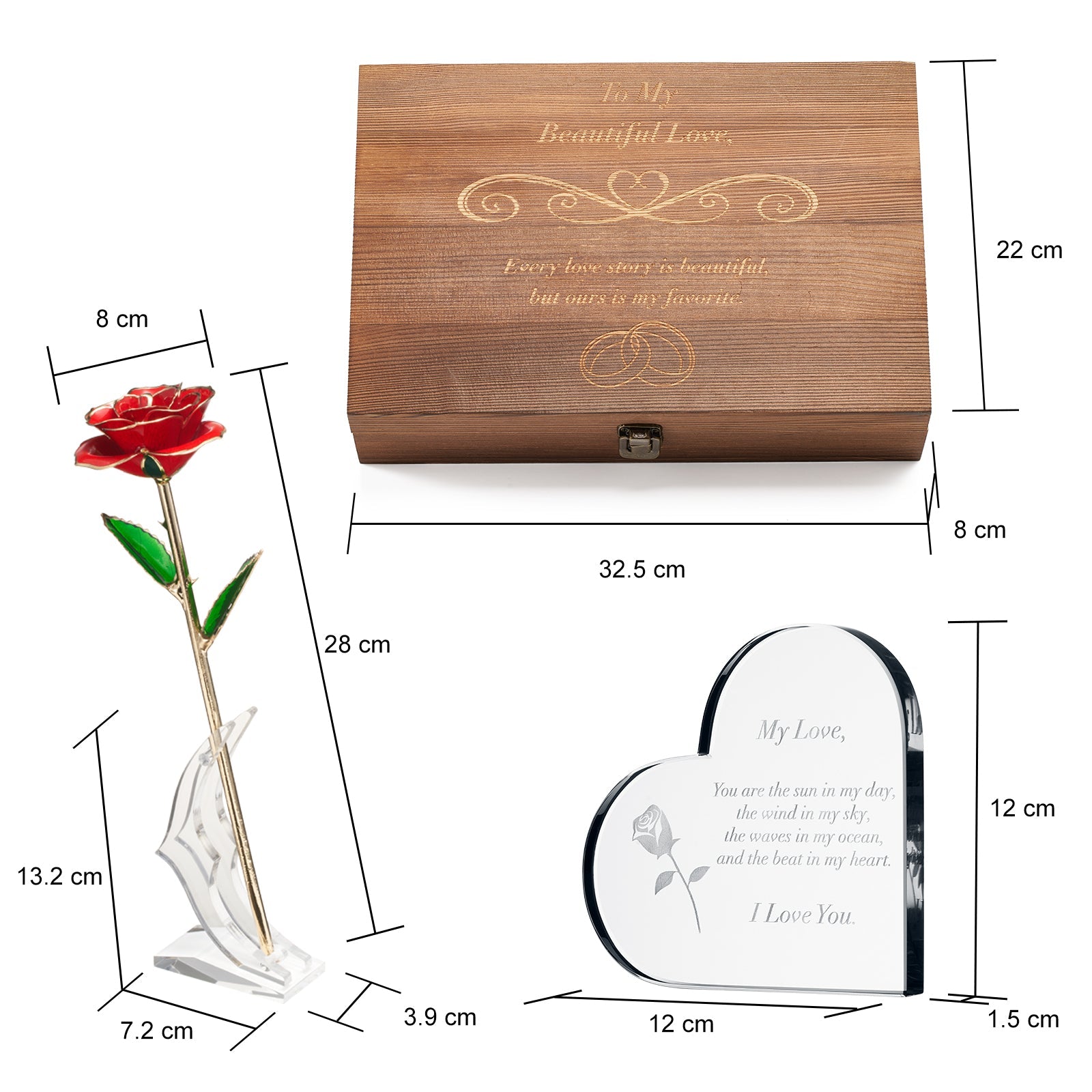 Anniversary, Birthday & Everyday 24K Gold Rose Love Box for Wife, Her, Women - Engraved Wooden Set 'To My Beautiful Love' Inscription, Includes Crystal Heart - For Birthday 1st Anniversaries