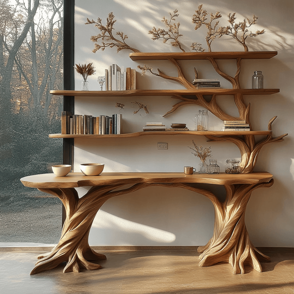 Valtheris Live Edge Solid Wood Console Table with Shelves