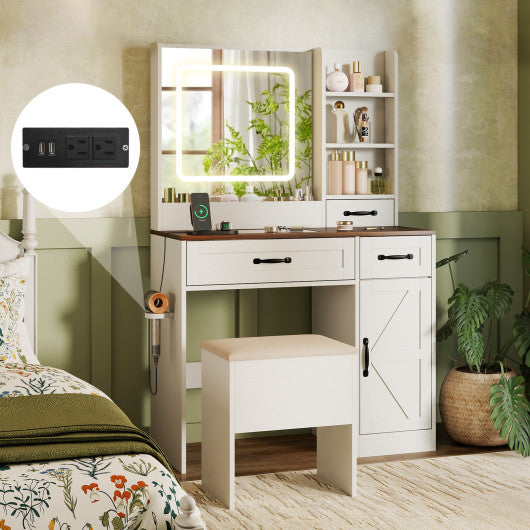 Vanity Desk with Mirror and Lights Farmhouse Makeup Dressing Table-White