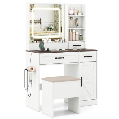 Vanity Desk with Mirror and Lights Farmhouse Makeup Dressing Table-White
