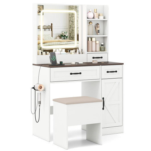 Vanity Desk with Mirror and Lights Farmhouse Makeup Dressing Table-White