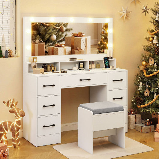 Vanity Desk with Mirror and Lights Makeup Table with Power Outlets-White