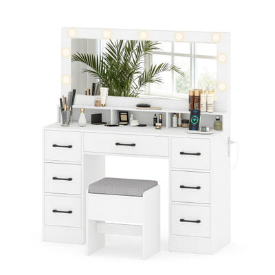 Vanity Desk with Mirror and Lights Makeup Table with Power Outlets-White