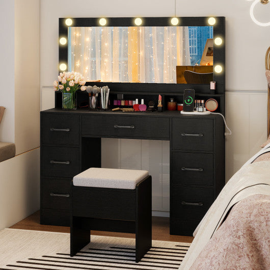 Vanity Desk with Mirror and Lights Makeup Table with Power Outlets-Black