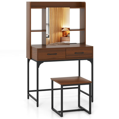 Vanity Desk with Storage Drawers and Charging Station-Walnut