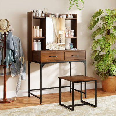 Vanity Desk with Storage Drawers and Charging Station-Walnut