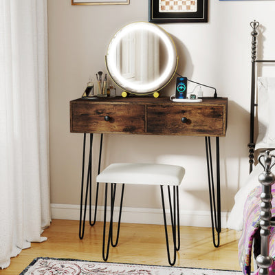 Vanity Desk with with Lighted Adjustable Mirror for Bedroom-Rustic Brown