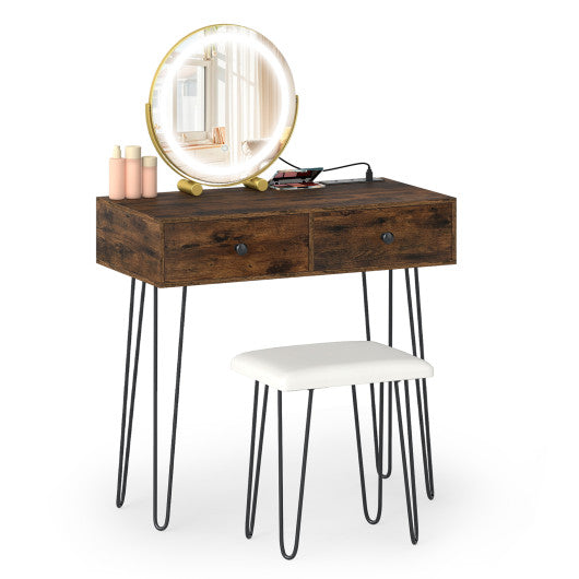 Vanity Desk with with Lighted Adjustable Mirror for Bedroom-Rustic Brown