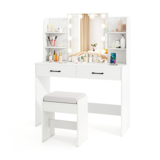 Vanity Set with Lighted Mirror and Stool with Power Outlet-White