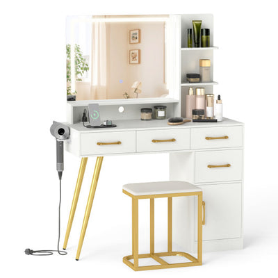 Vanity Set with Mirror and Lights and Table with Adjustable Brightness-White