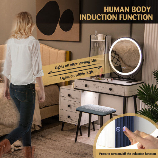 Vanity Table Set with 3-Color Lighted Mirror and Cushioned Stool-White