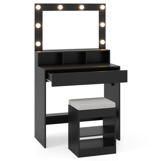 Vanity Table Set with Lighted Mirror and Cushion Stool-Black