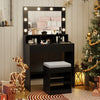 Vanity Table Set with Lighted Mirror and Cushion Stool-Black