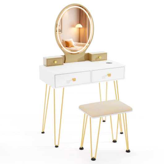 Vanity Table Set with 3-Color Lighted Dimmable Mirror-White