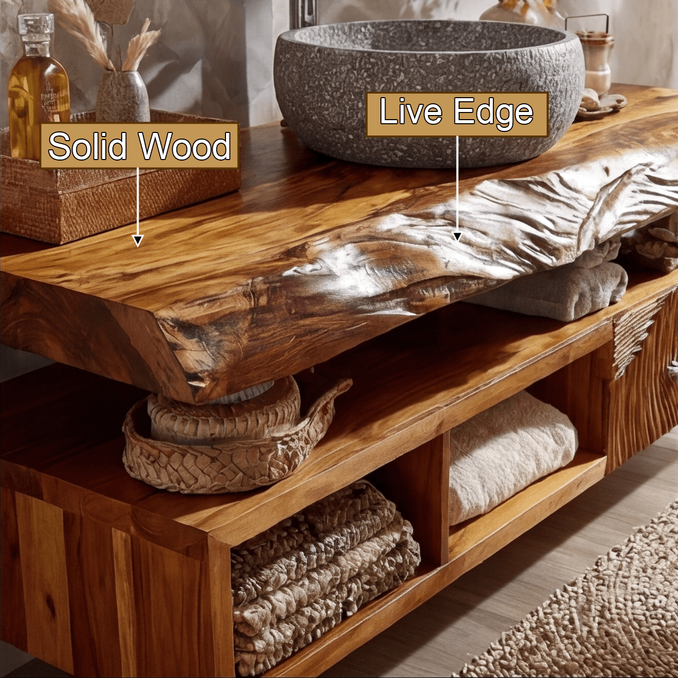 Varion Live Edge Solid Wood Floating Bathroom Vanity With Drawers