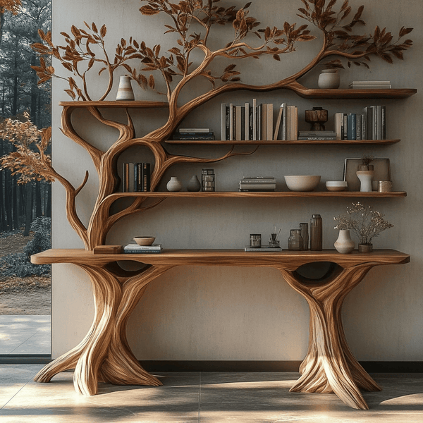 Veltrion Sculpted Solid Wood Console Table with Shelves