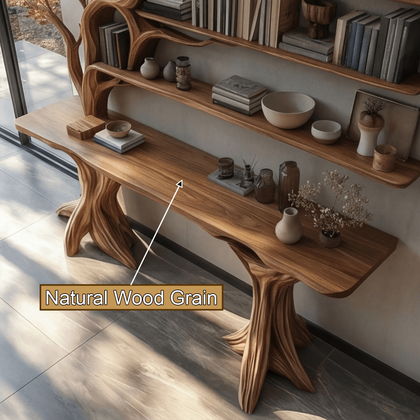 Veltrion Sculpted Solid Wood Console Table with Shelves