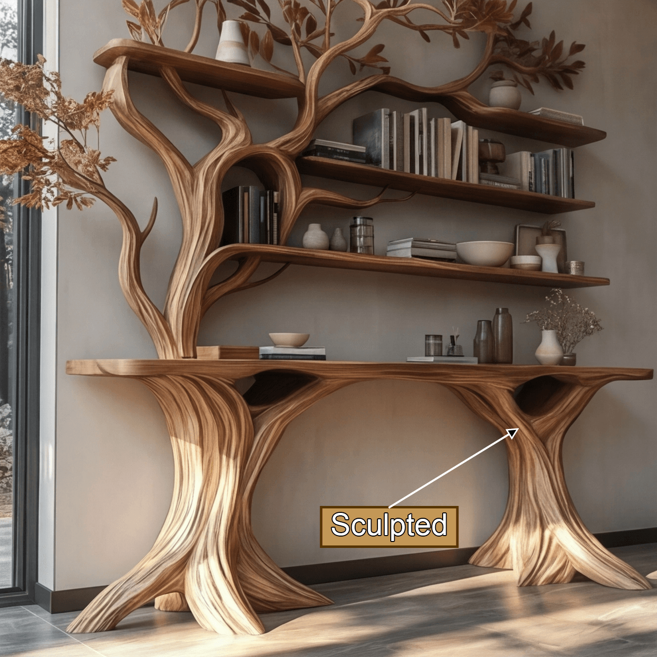 Veltrion Sculpted Solid Wood Console Table with Shelves